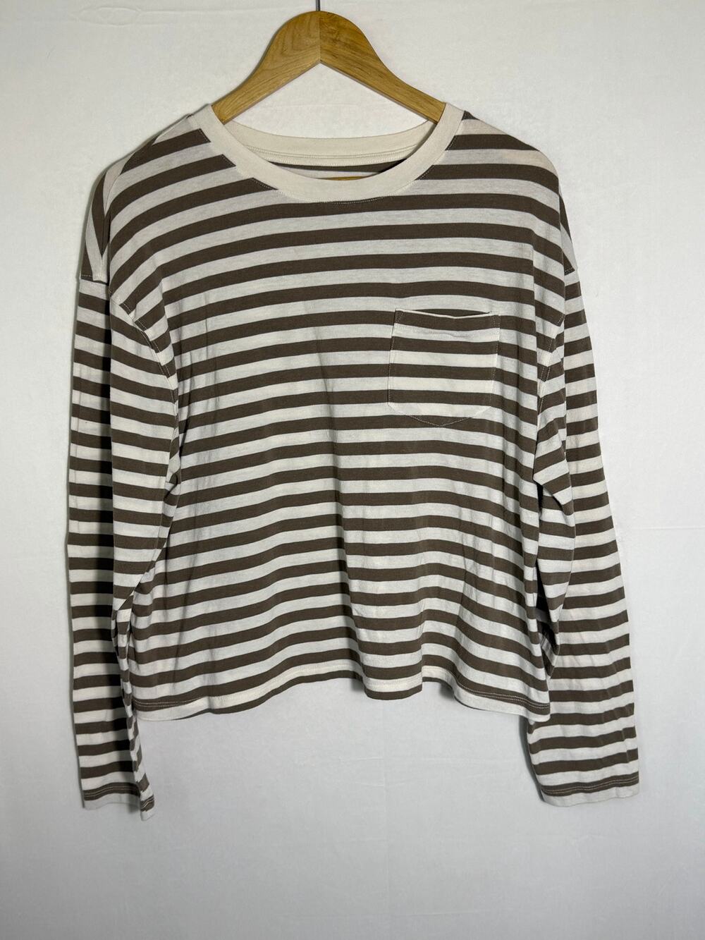 A New Day Brown Ivory Striped Long Sleeve Top Women’s XXL Pocket Cropped